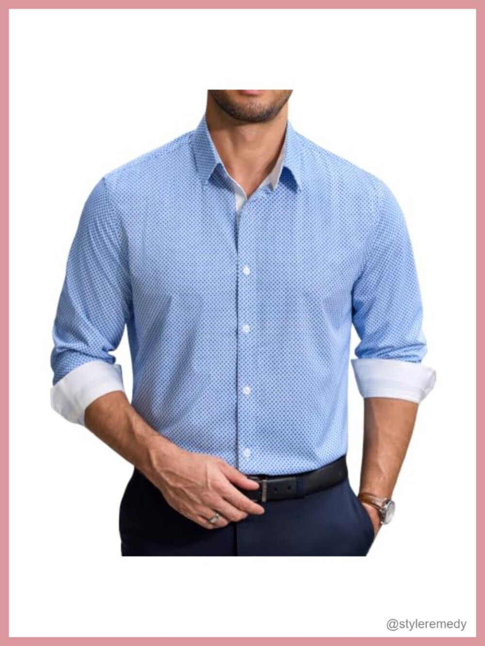 Men's Printed Long Sleeve Dress Shirt Contrast Collar Business Button Down